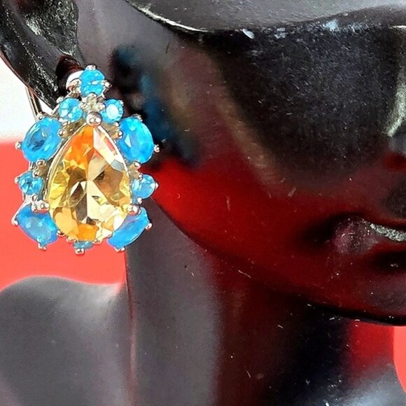 925 Sterling Silver Earrings with Natural Citrine & Paraiba Blue Topaz - Picture 3 of 10